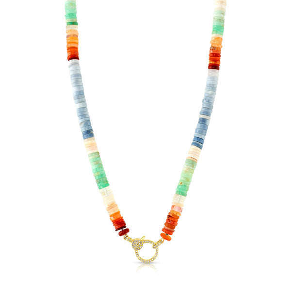 MULTI COLOR OPAL FRONT CLASP BEADED NECKLACE 17", 14KT GOLD