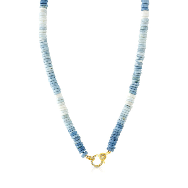 BLUE OPAL FRONT CLASP BEADED NECKLACE 16", 14KT GOLD