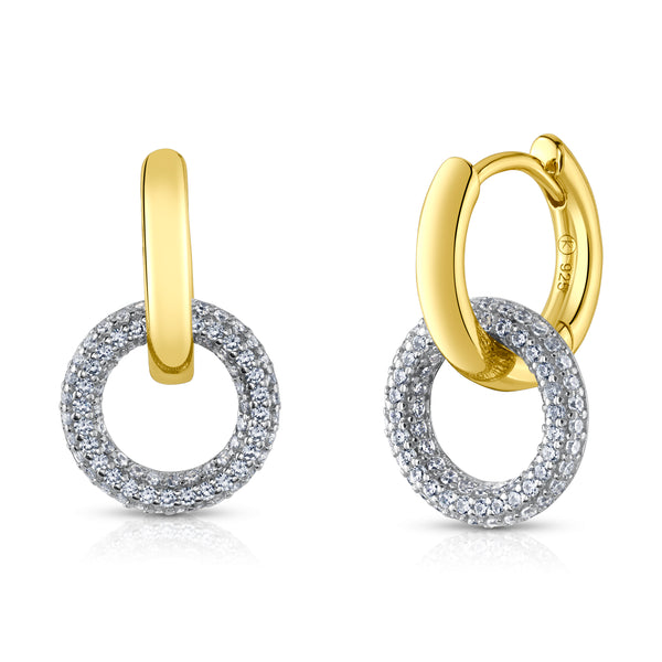 DUAL TONE PAVE ROUND LINK EARRING, GOLD