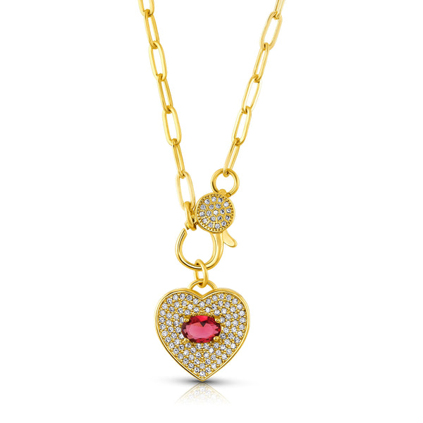 HEART RUBY CZ CLASP NECKLACE, GOLD