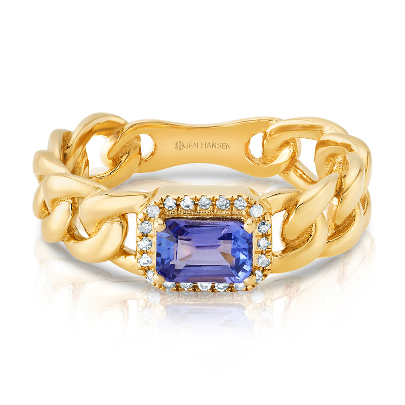 Elevated Diamond & Tanzanite Cuban Ring, 14kt Gold