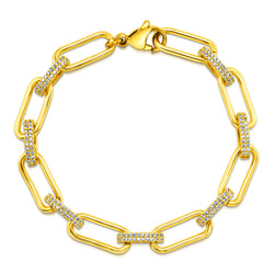 PAPERCLIP BRACELET W/ CZ OVAL LINKS, GOLD