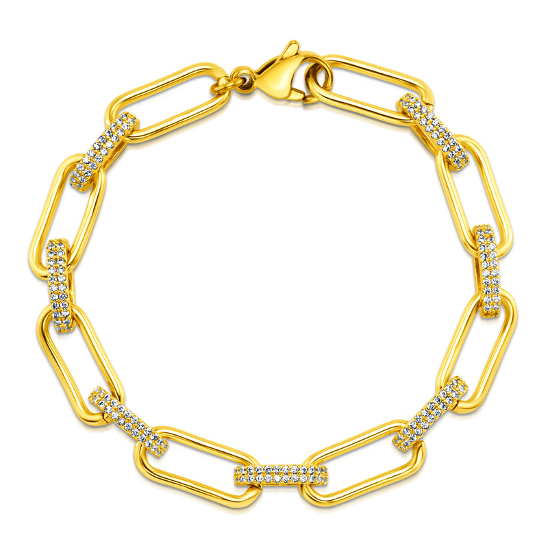 PAPERCLIP BRACELET W/ CZ OVAL LINKS, GOLD