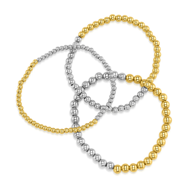 TWO TONE STRETCH BRACELET, GOLD/SILVER, 3MM-5MM