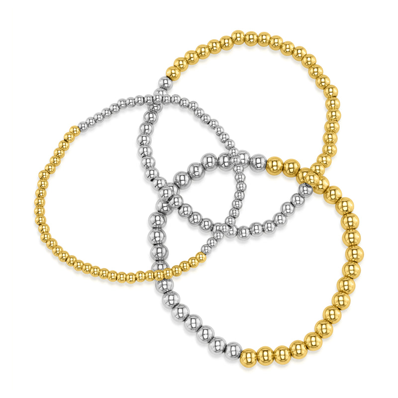 TWO TONE STRETCH BRACELET, GOLD/SILVER, 3MM-5MM