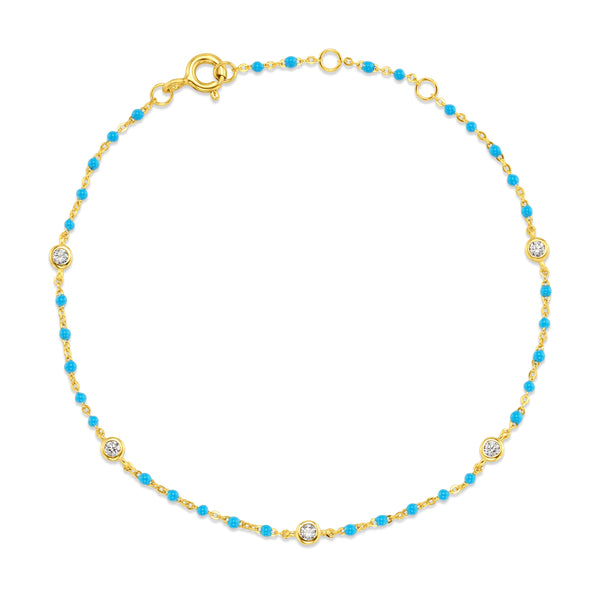 TURQUOISE BEZEL CZ ENAMEL BEAD BRACELET, GOLD