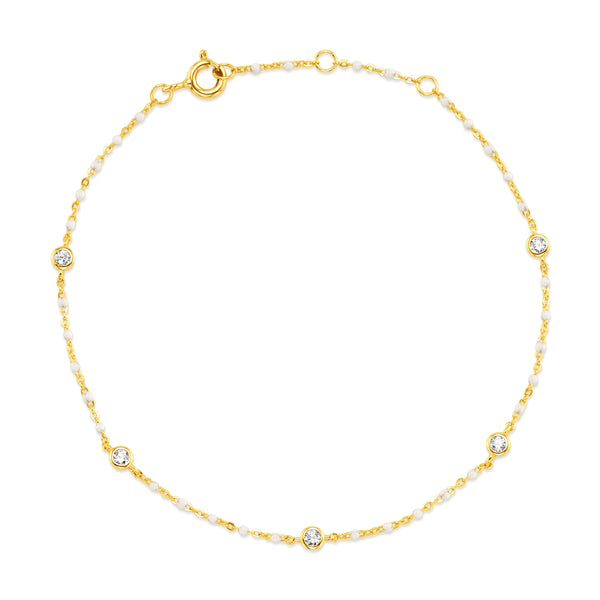 WHITE BEZEL CZ ENAMEL BEAD BRACELET, GOLD