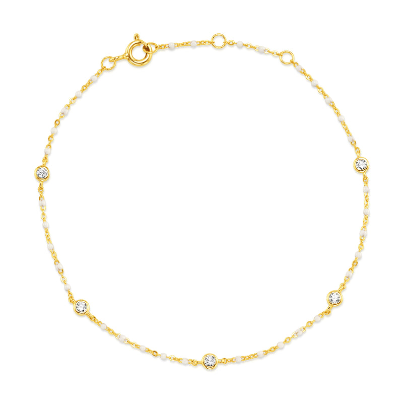 WHITE BEZEL CZ ENAMEL BEAD BRACELET, GOLD