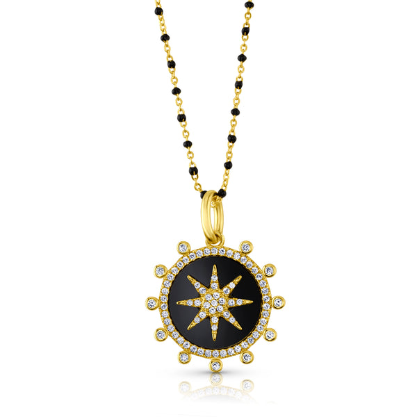 SUNBRUST PENDANT AND BEADED CHAIN NECKLACE, GOLD ONYX