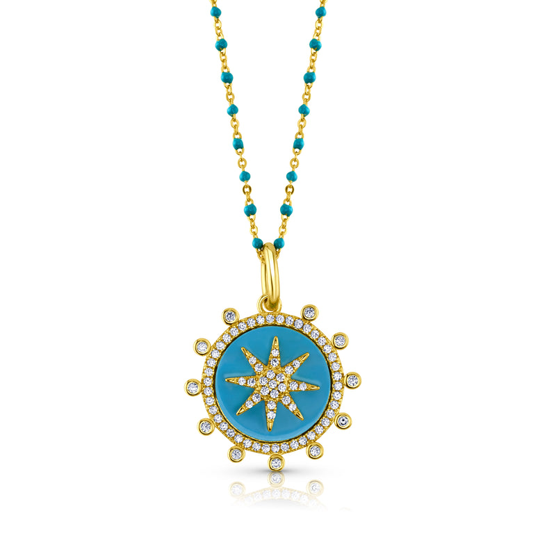 SUNBRUST PENDANT AND BEADED CHAIN NECKLACE, GOLD TURQUOISE