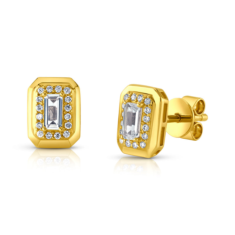 FRAMED BAGUETTE DIAMOND STUDS, 14KT GOLD