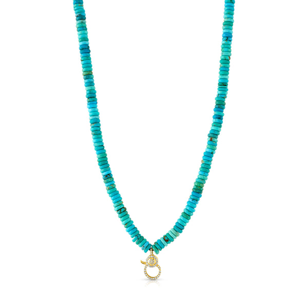 TURQUOISE FRONT CLASP BEADED NECKLACE 16", 14KT GOLD