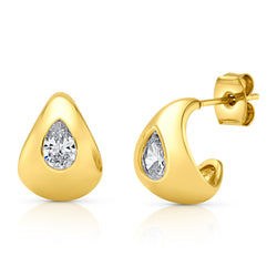 BOLD PEAR CZ HUGGIE EARRINGS, GOLD