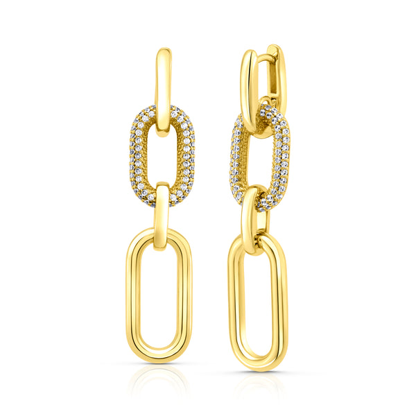 PAPERCLIP DROP EARRING W/ CZ LINK, GOLD