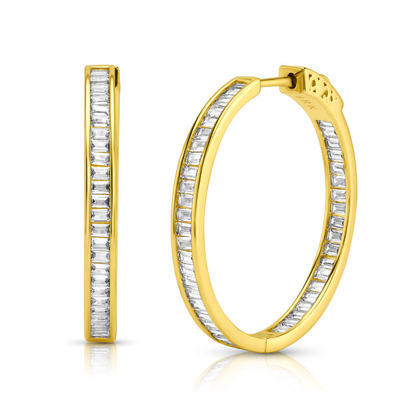 CHANNEL SET BAGUETTE HOOP EARRINGS, GOLD BR