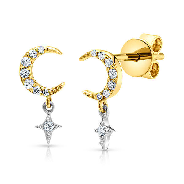 CRESCENT MOON AND STAR DIAMOND STUDS, 14kt GOLD