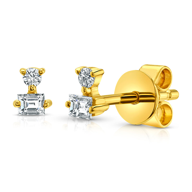 SMALL ROUND & BAGUETTE DIAMOND STUDS, 14kt GOLD