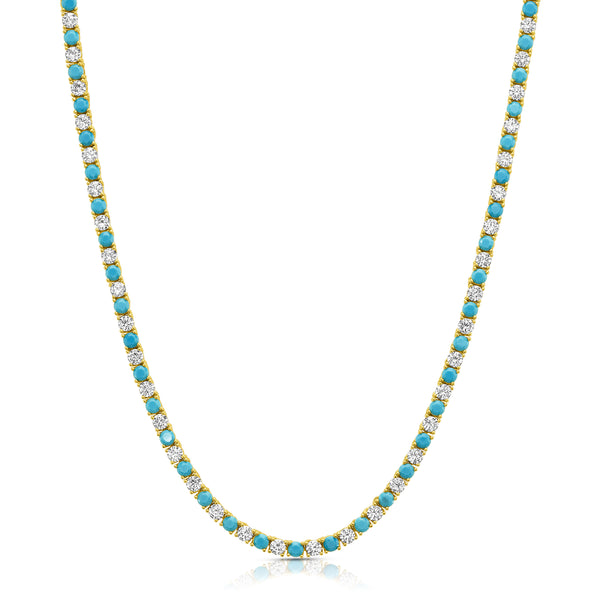 TURQUOISE & CLEAR CZ TENNIS NECKLACE, GOLD BR