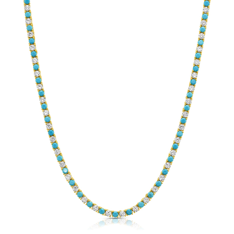 TURQUOISE & CLEAR CZ TENNIS NECKLACE, GOLD BR