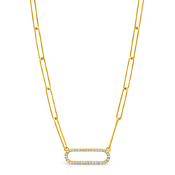 LONG PAPERCLIP NECKLACE W/ SINGLE CZ LINK, GOLD