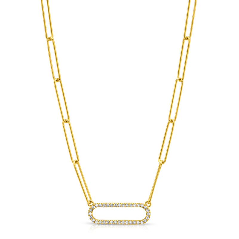 LONG PAPERCLIP NECKLACE W/ SINGLE CZ LINK, GOLD