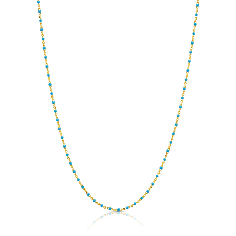 TURQUOISE ENAMEL BEAD SATELITE NECKLACE, GOLD BR