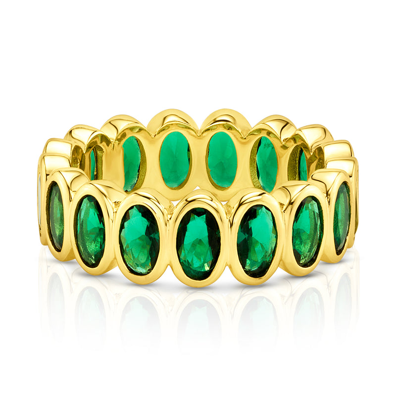 GREEN OVAL CZ ETERNITY RING, GOLD BR