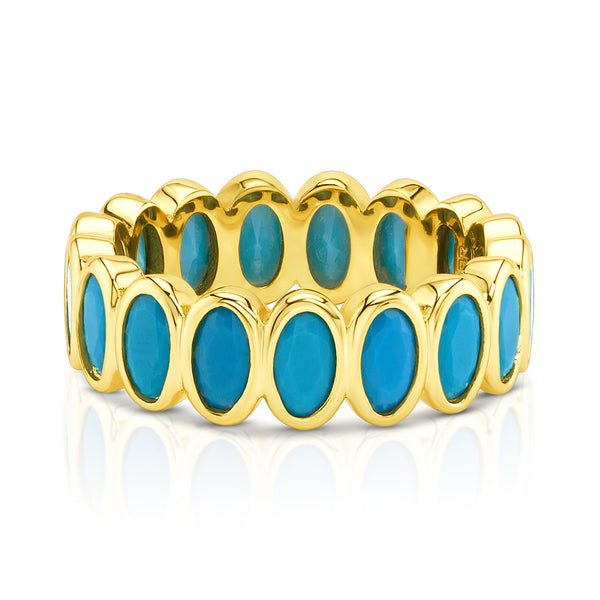 TURQUOISE OVAL CZ ETERNITY RING, GOLD BR