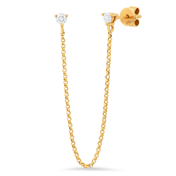 ONE EAR DOUBLE TROUBLE CHAIN DIAMOND STUDS, 14kt GOLD