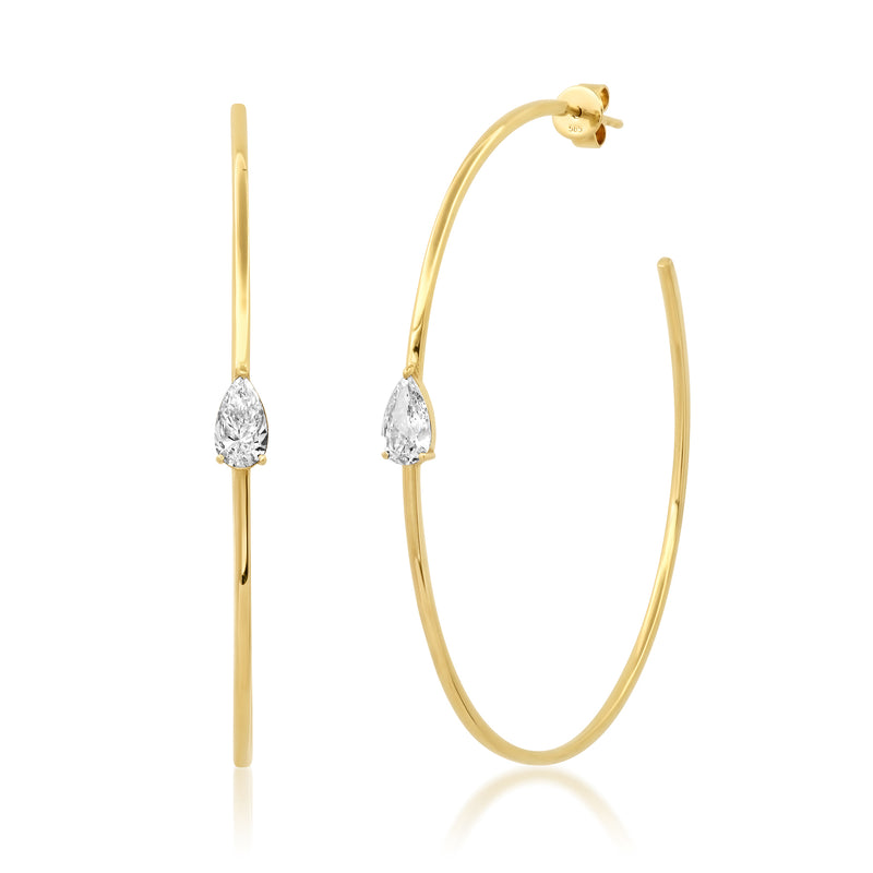 PEAR SUPER SOLITAIRE DIAMOND HOOPS, 14kt GOLD