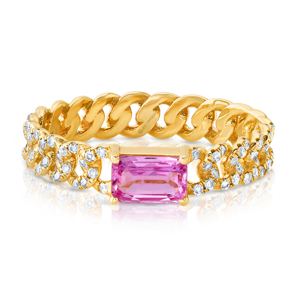 Cuban link pink sapphire & diamond ring, 14kt gold