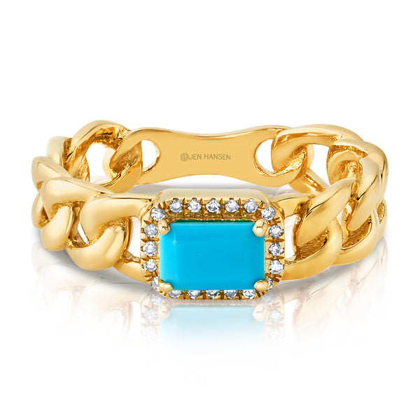ELEVATED DIAMOND & TURQUOISE CUBAN RING, 14KT GOLD