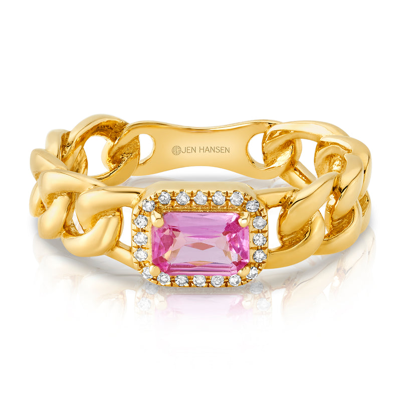 ELEVATED DIAMOND & PINK SAPPHIRE CUBAN RING, 14KT GOLD