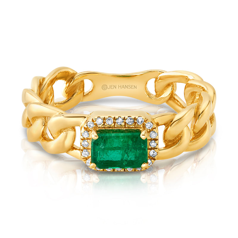 Elevated Diamond & Emerald Cuban Ring, 14kt Gold