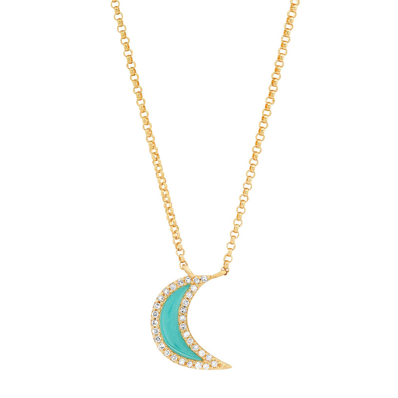 TURQUOISE ENAMEL CRESCENT MOON NECKLACE, GOLD