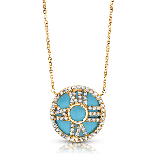 TURQUOISE & DIAMOND ROMAN NUMERAL NECKLACE, 14kt Gold
